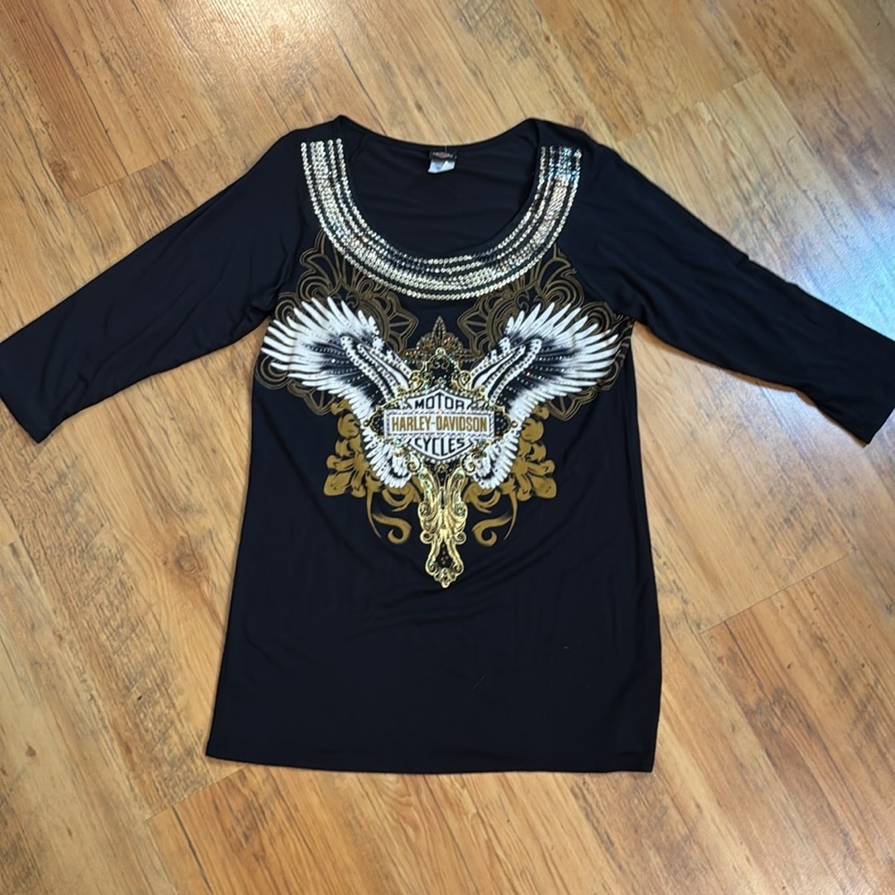 Harley Davidson Jeweled Three Quarter Sleeve Shirt Black Sz M
Womens - Picture 2 of 6